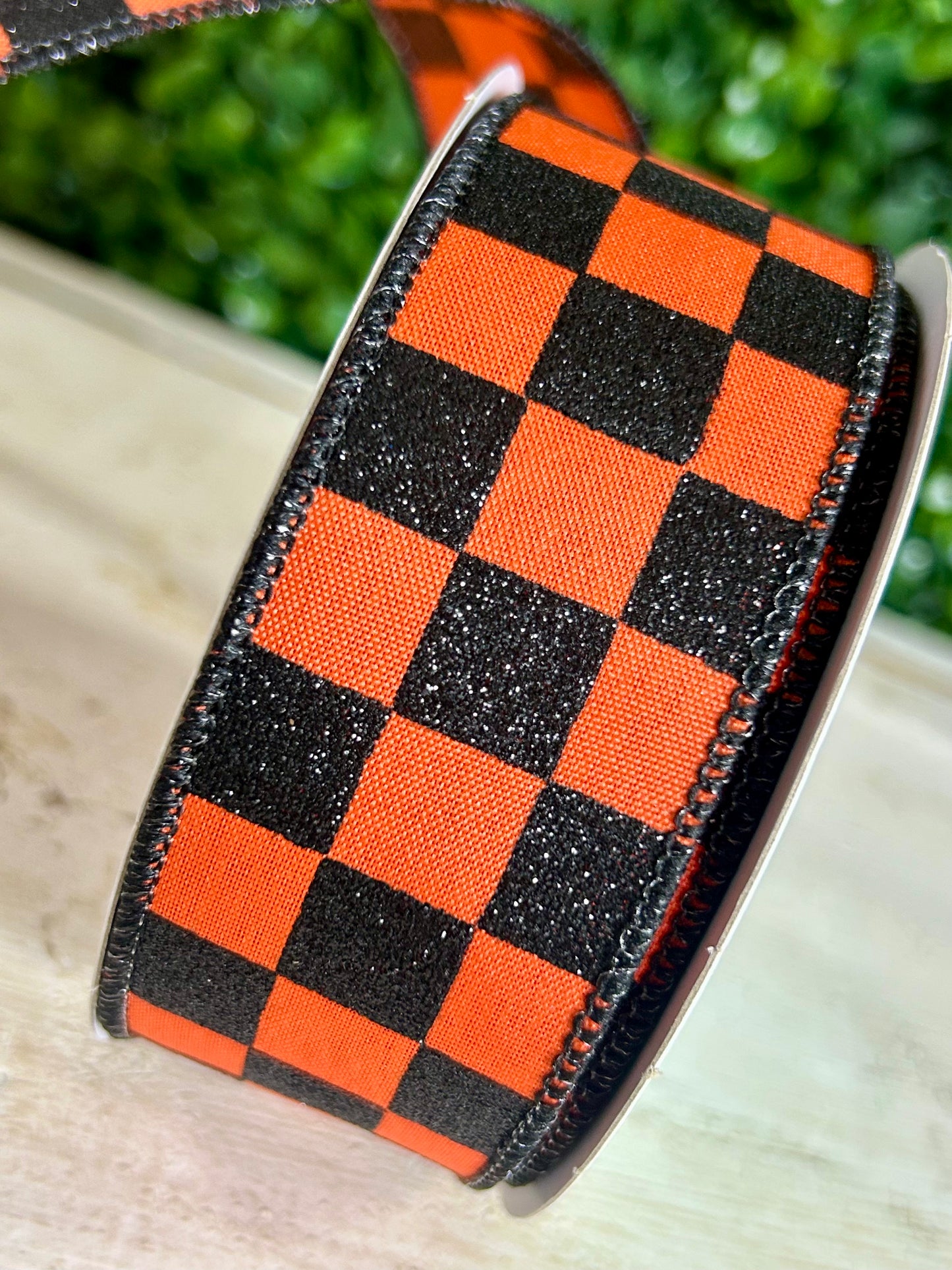 1.5 Inch By 10 Yard Dark Orange And Black Glitter Check Ribbon