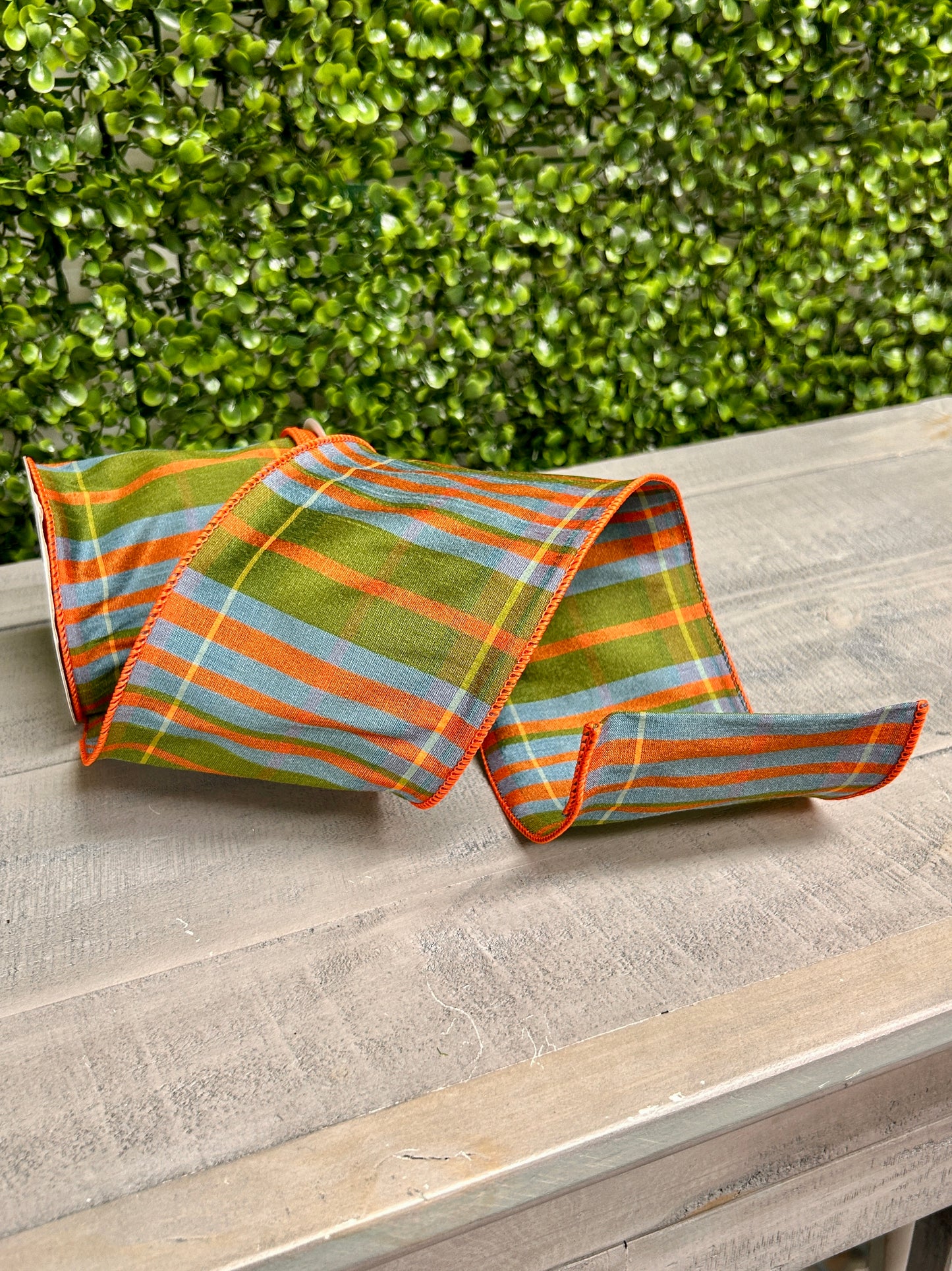 4 Inch By 10 Yard Moss Green Orange And Smoke Blue Faux Dupioni Plaid Ribbon