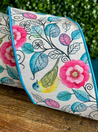 D. Stevens 4 Inch By 10 Yard Spring Floral And Birds Dupioni Ribbon