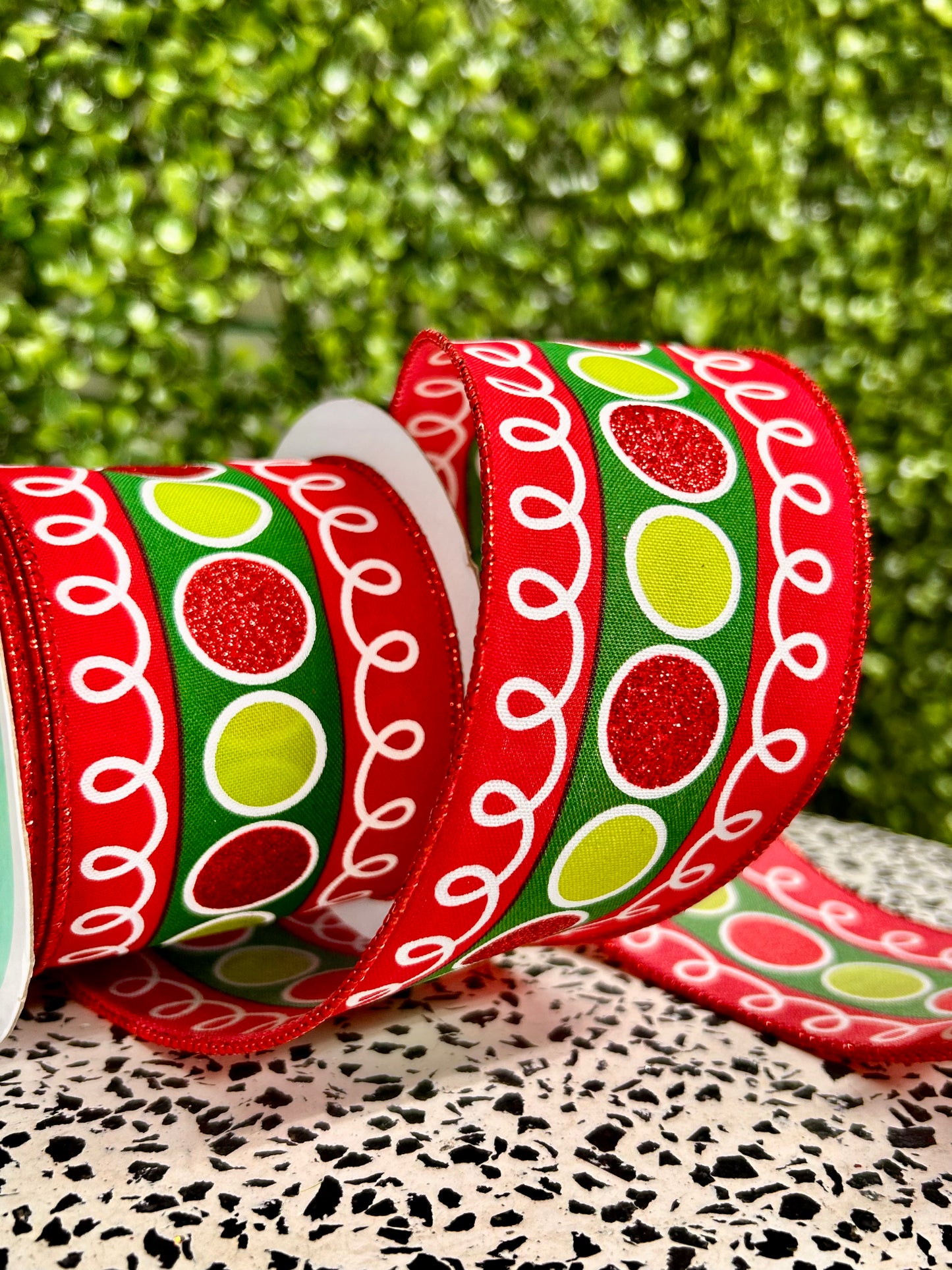 2.5 Inch By 10 Yard Red Lime And Emerald Stripe With Glitter Circles And Loops Ribbon