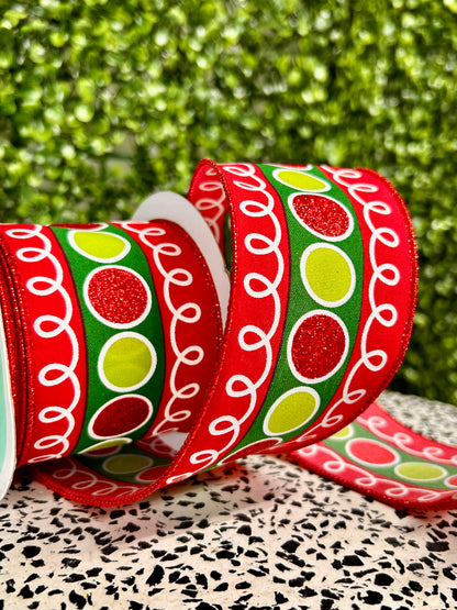 2.5 Inch By 10 Yard Red Lime And Emerald Stripe With Glitter Circles And Loops Ribbon