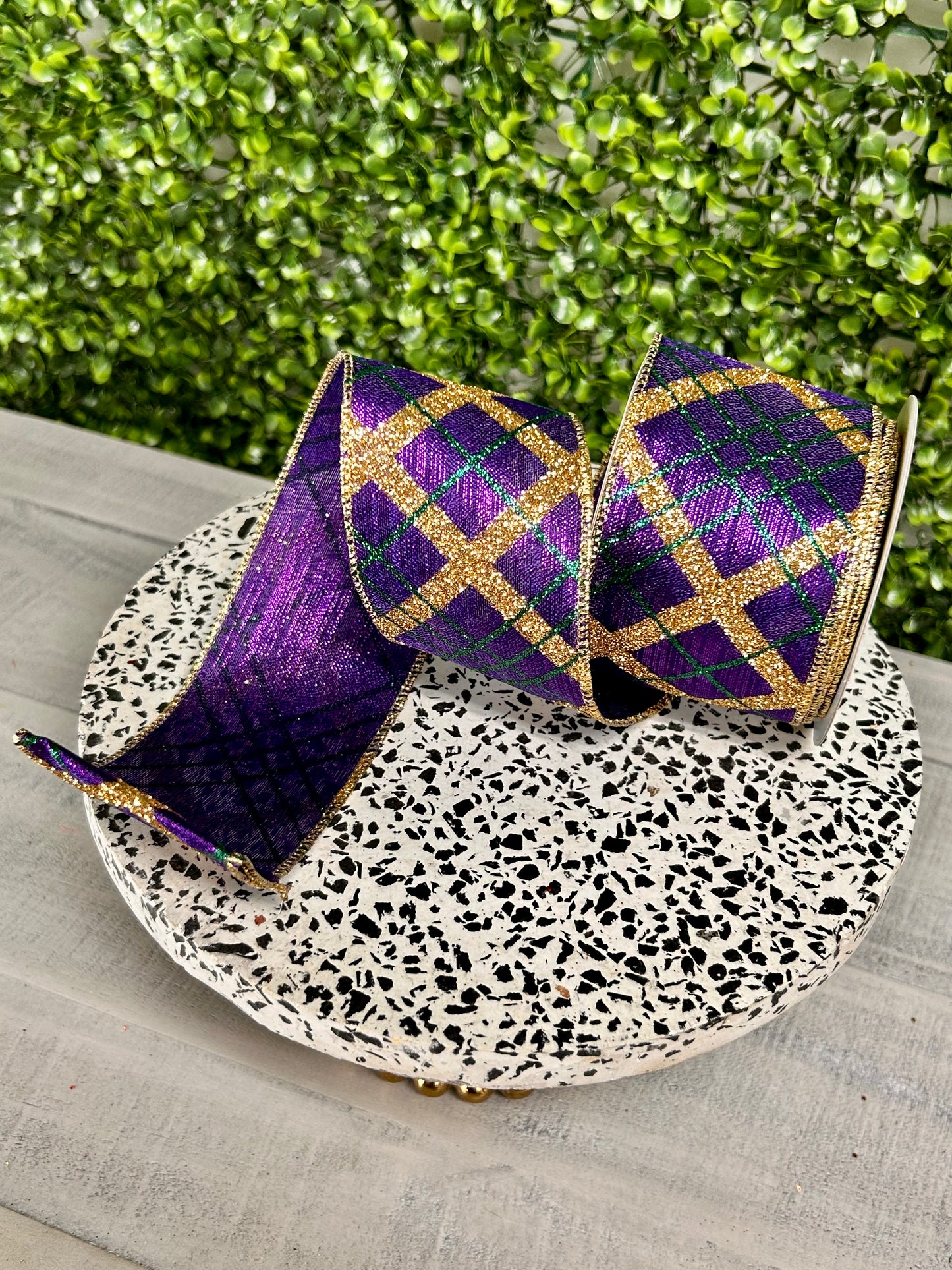 2.5 Inch By 10 Yard Purple Gold And Green Glitter Diagonal Plaid Ribbon