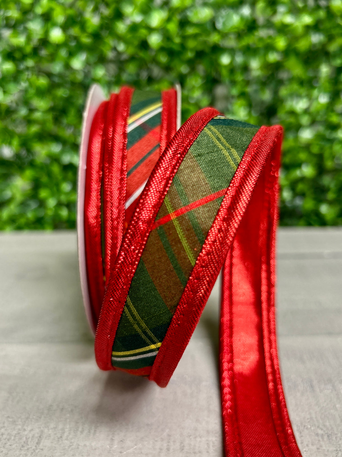 John Mark 1 Inch By 10 Yard Metallic Red Traditions Plaid Fused Backing Ribbon