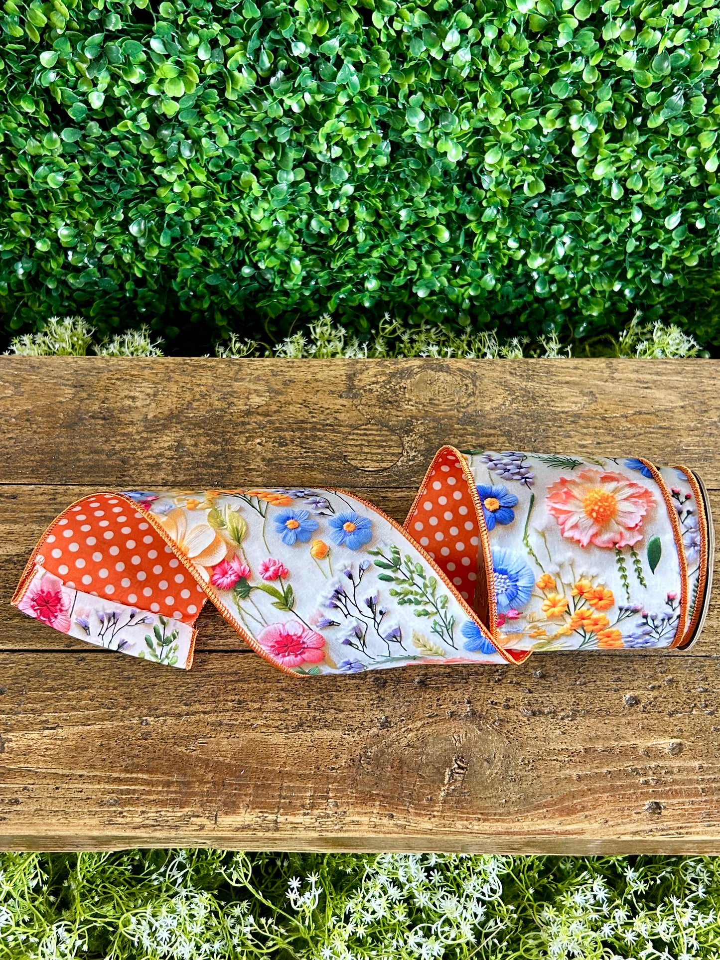 D. Stevens 4 Inch By 10 Yard Orange Pink And Blue Poplin Mix Flower Collage With Polka Dot Backing Ribbon