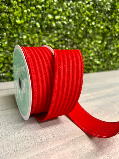 1.5 Inch By 10 Yard Red Glittered Velvet Vertical Lines Ribbon