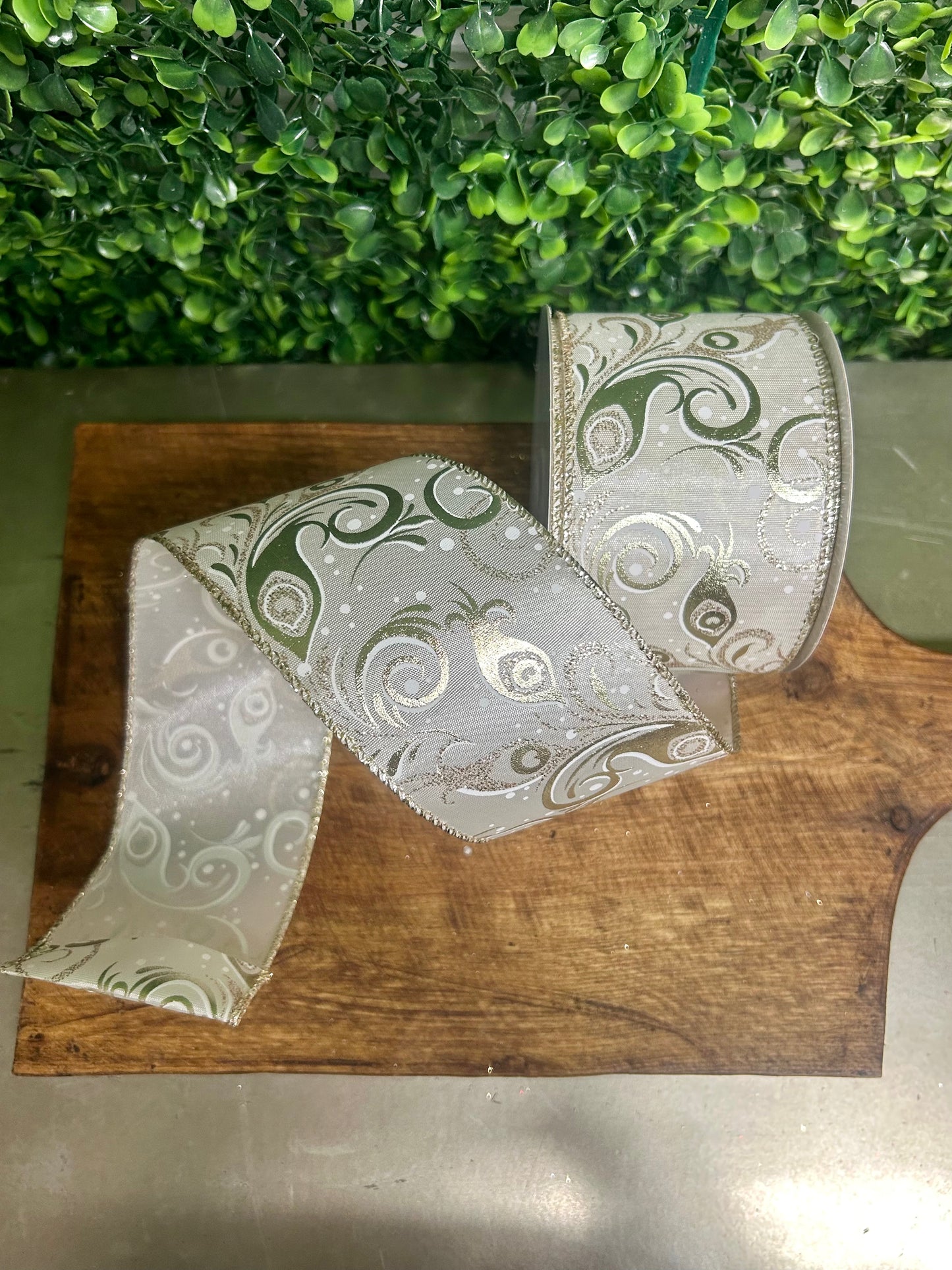2.5 Inch By 10 Yard Champagne Peacock Swirls Ribbon