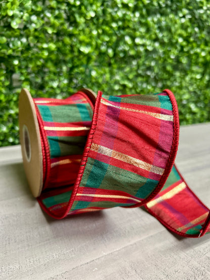 2.5 Inch By 10 Yard Red Green Gold Plaid Check Ribbon