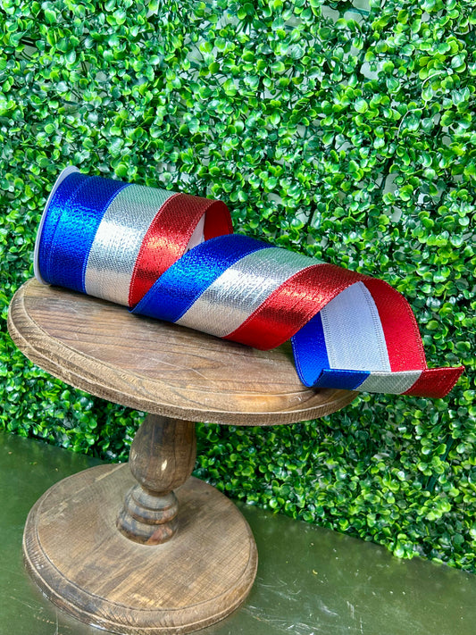 4 Inch By 10 Yard Red Silver And Royal Blue Metallic Ribbon