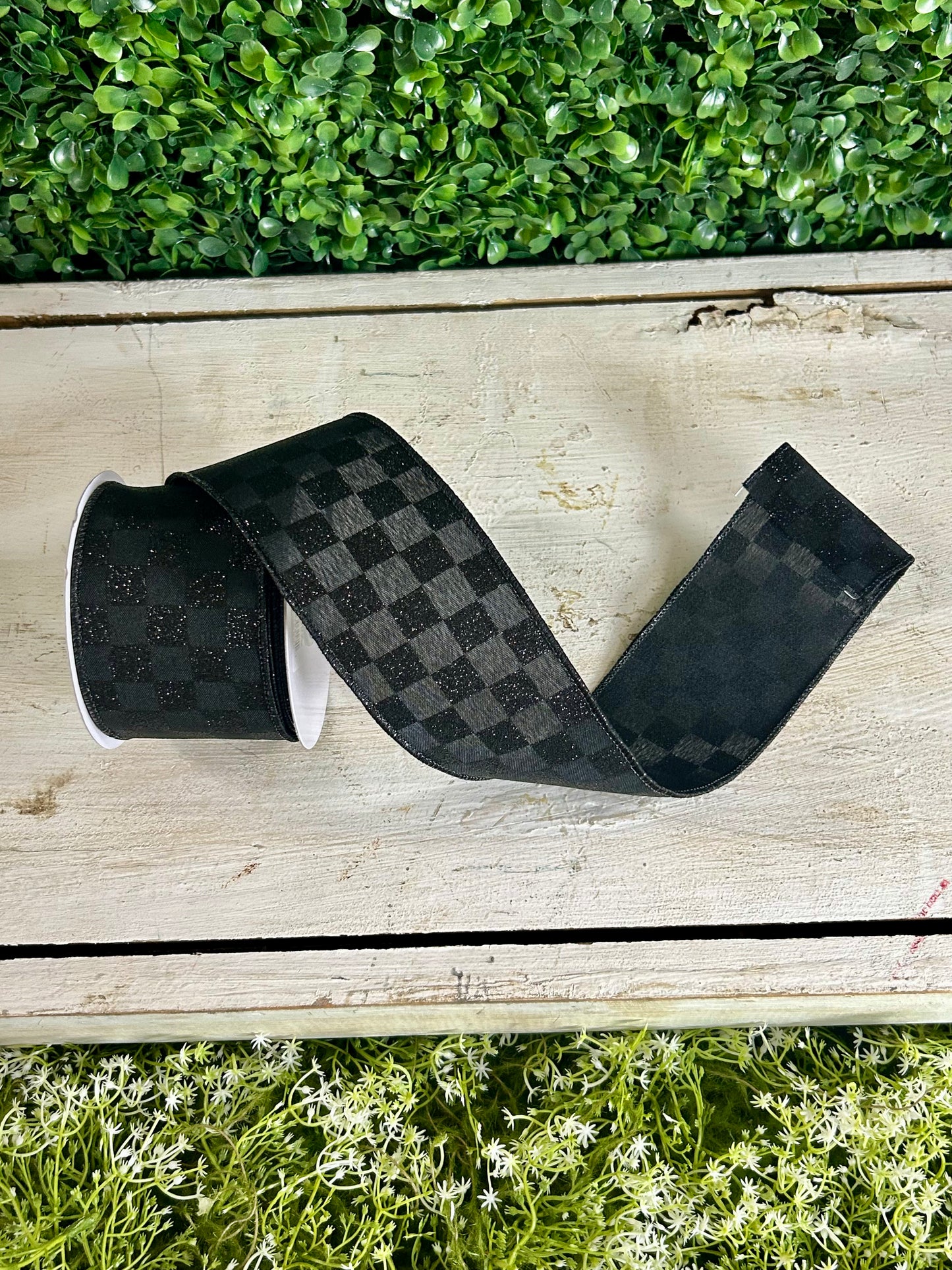 2.5 Inch By 10 Yard Black Glitter Check Ribbon