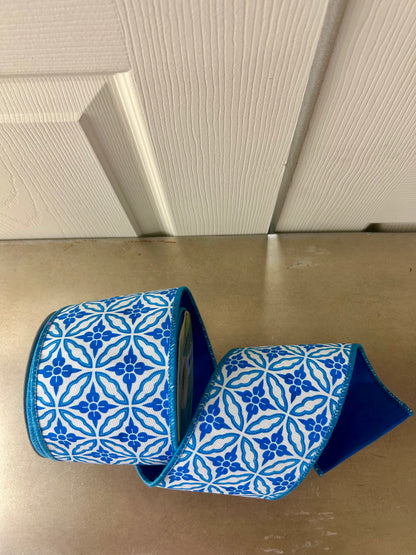 4 Inch By 10 Yard Blue And White Double Sided Geometric Dupioni Ribbon