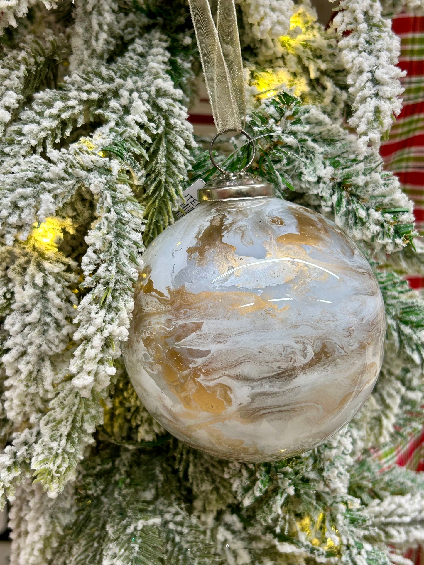 4 Inch White Gold And Silver Marble Glass Ball Ornament
