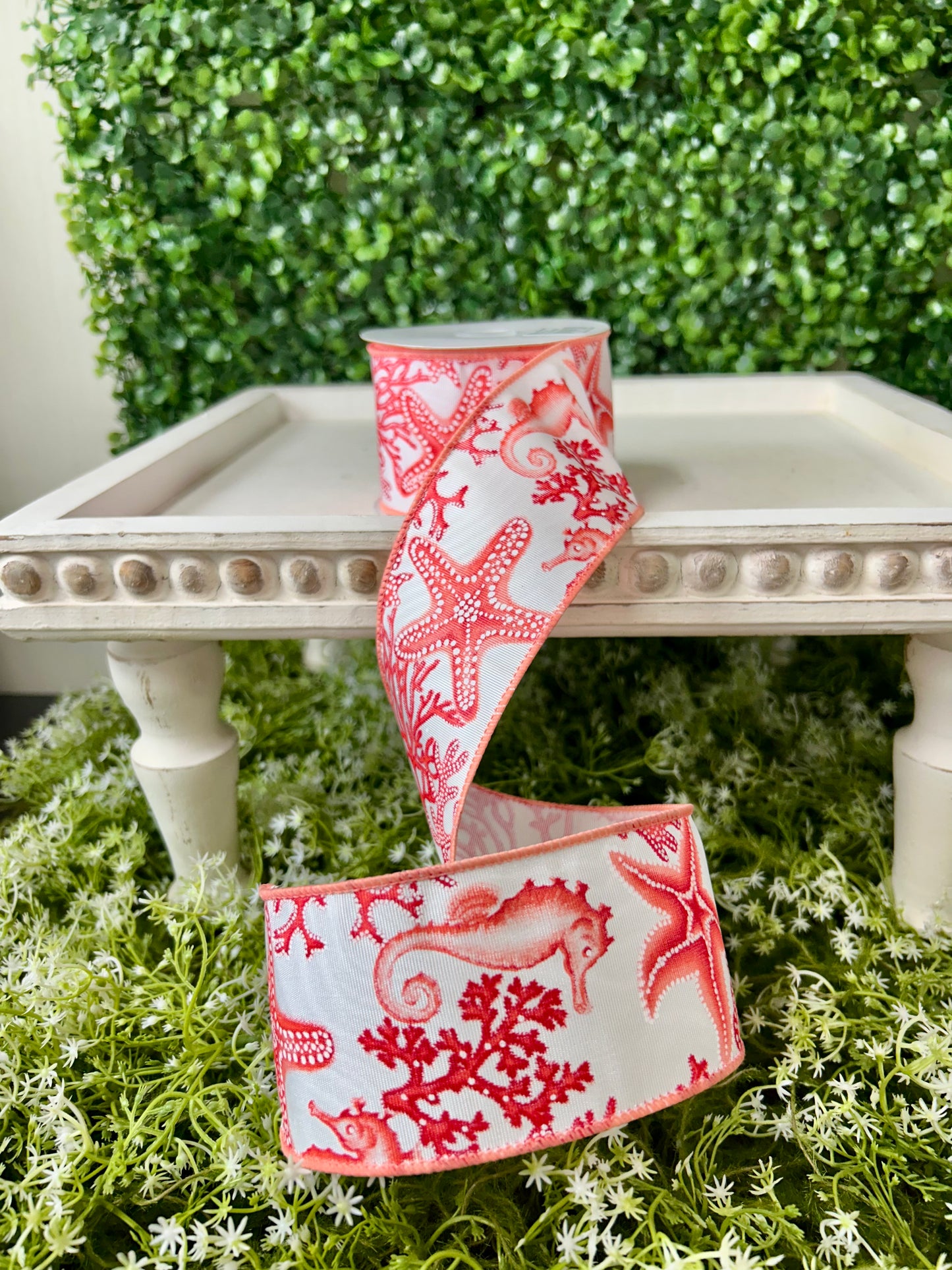 2.5 Inch By 10 Yard Coral Seahorse And Starfish Ribbon