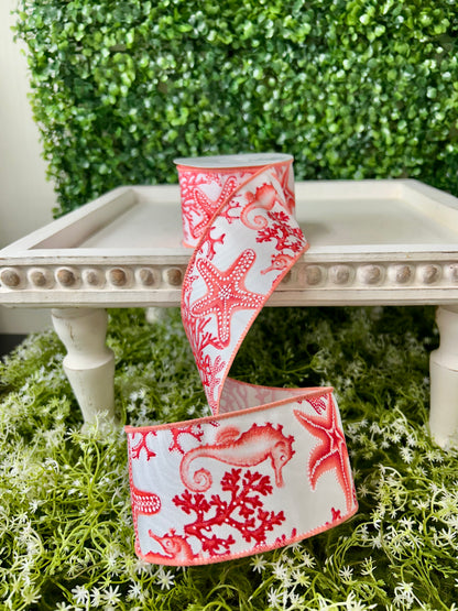2.5 Inch By 10 Yard Coral Seahorse And Starfish Ribbon