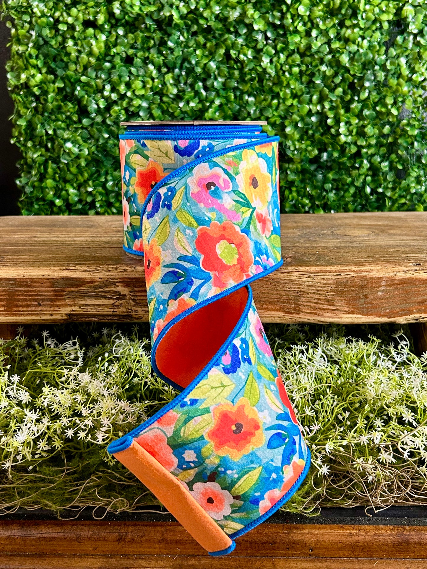 D. Stevens 4 Inch By 10 Yard Orange Blue And Green Watercolor Floral Garden Dupioni Ribbon