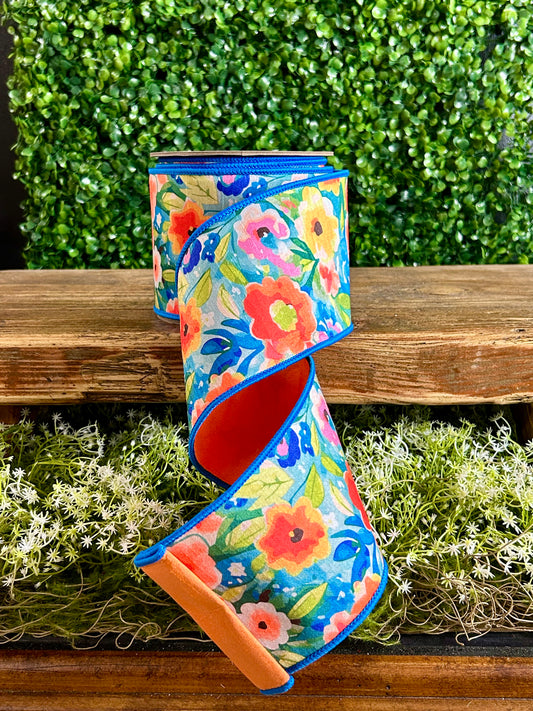 D. Stevens 4 Inch By 10 Yard Orange Blue And Green Watercolor Floral Garden Dupioni Ribbon