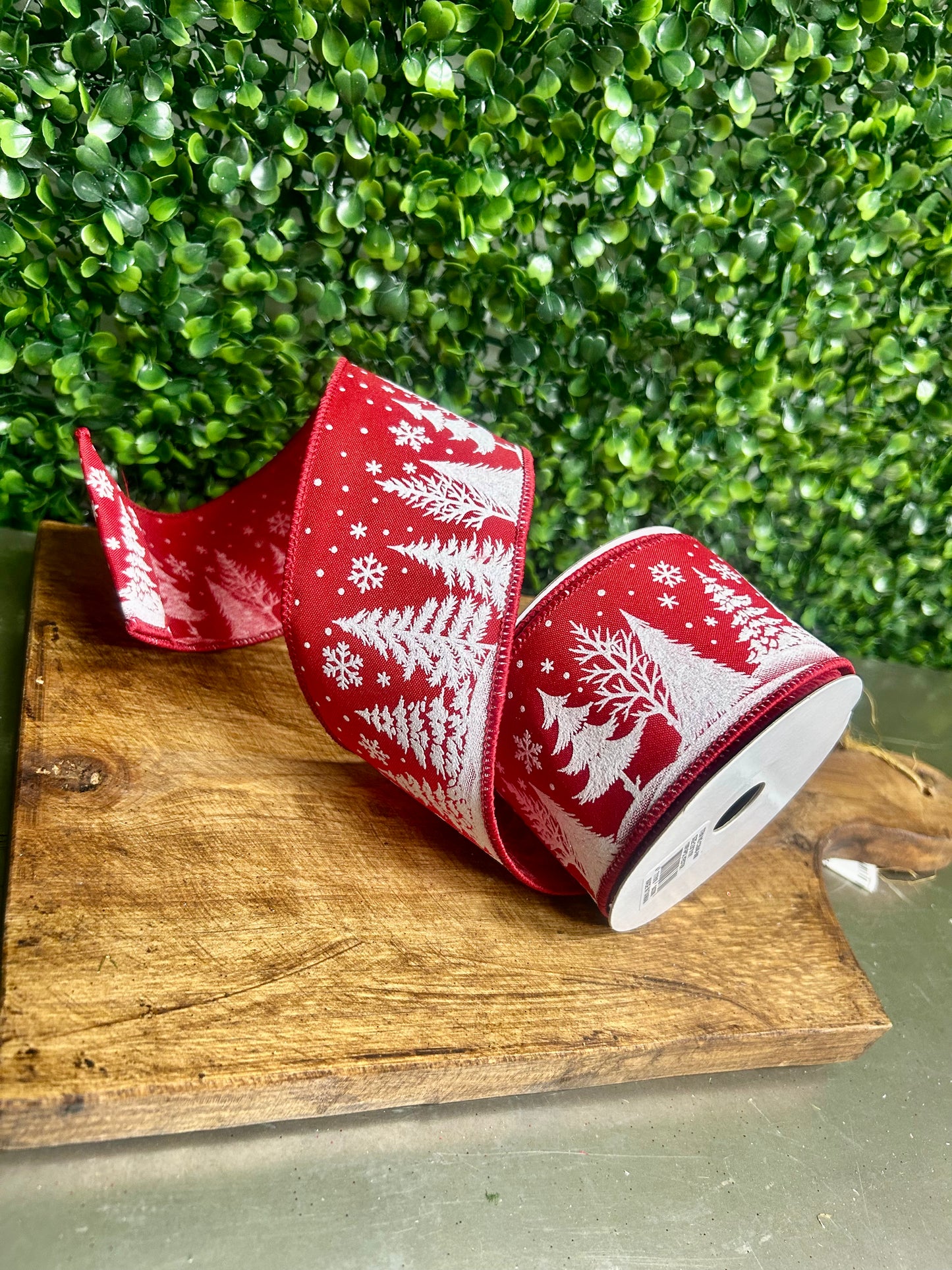 2.5 Inch By 10 Yard White Christmas Trees On Red Background Ribbon