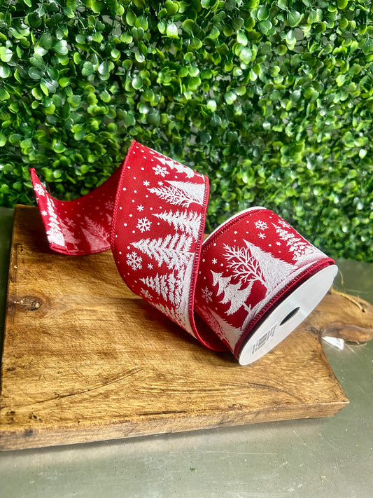 2.5 Inch By 10 Yard White Christmas Trees On Red Background Ribbon