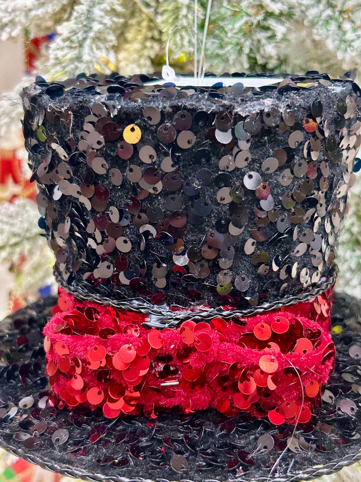 6.75 Inch Black And Red Sequin Velvet Top Hat Ornament