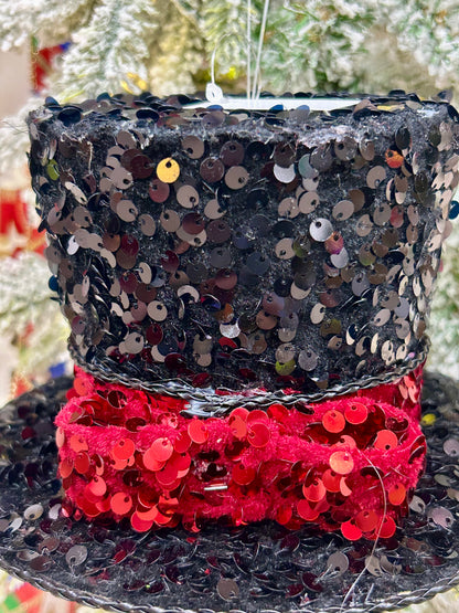6.75 Inch Black And Red Sequin Velvet Top Hat Ornament