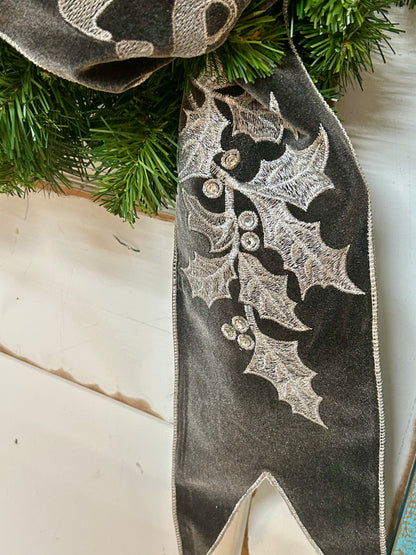 6 Inch By 70 Yard Grey Velvet Embroidery Jeweled Merry Christmas Banner