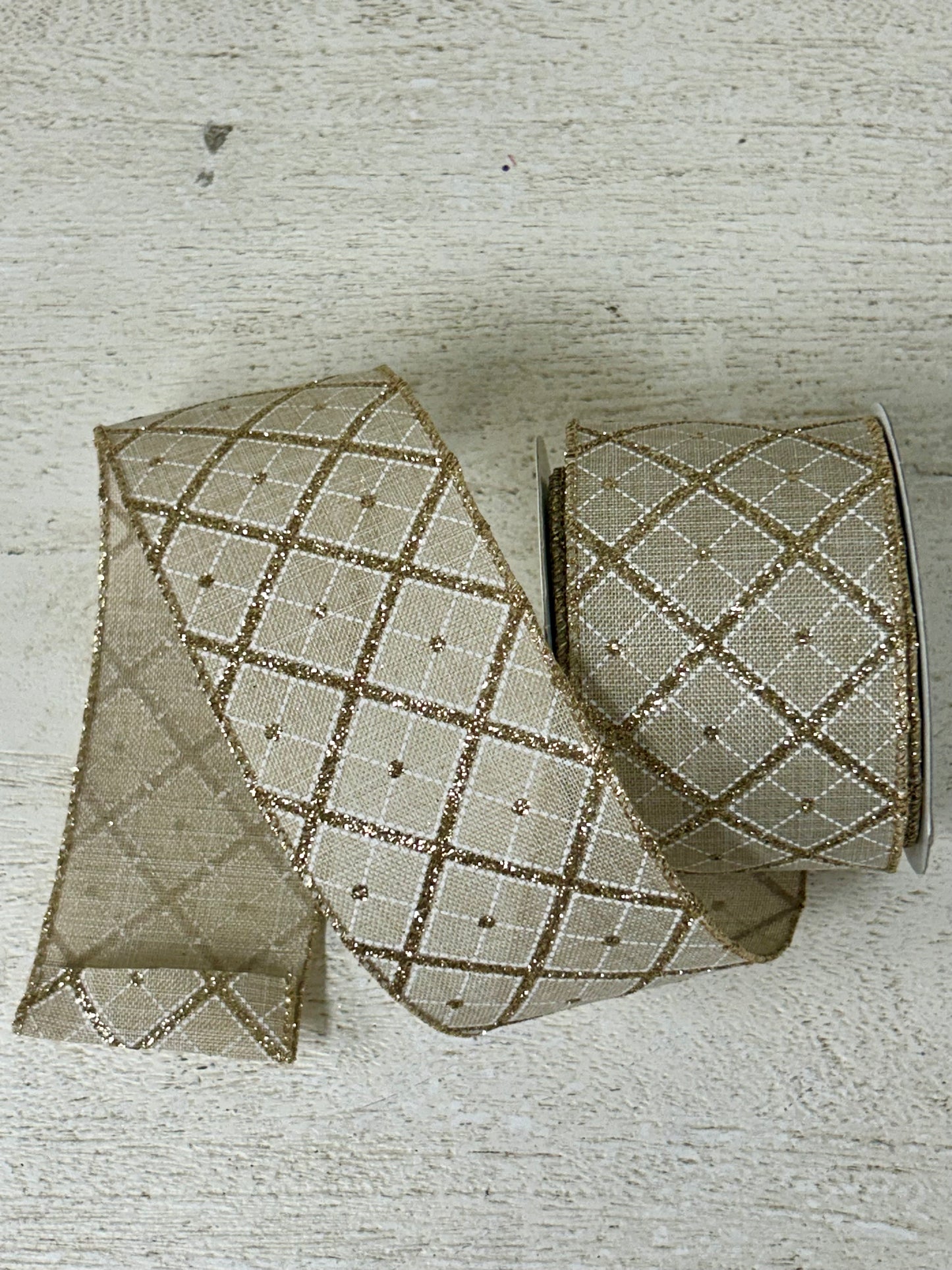 2.5 Inch By 10 Yard Champagne Gold Glitter Diagonal Plaid Ribbon
