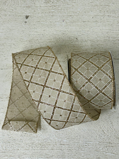 2.5 Inch By 10 Yard Champagne Gold Glitter Diagonal Plaid Ribbon