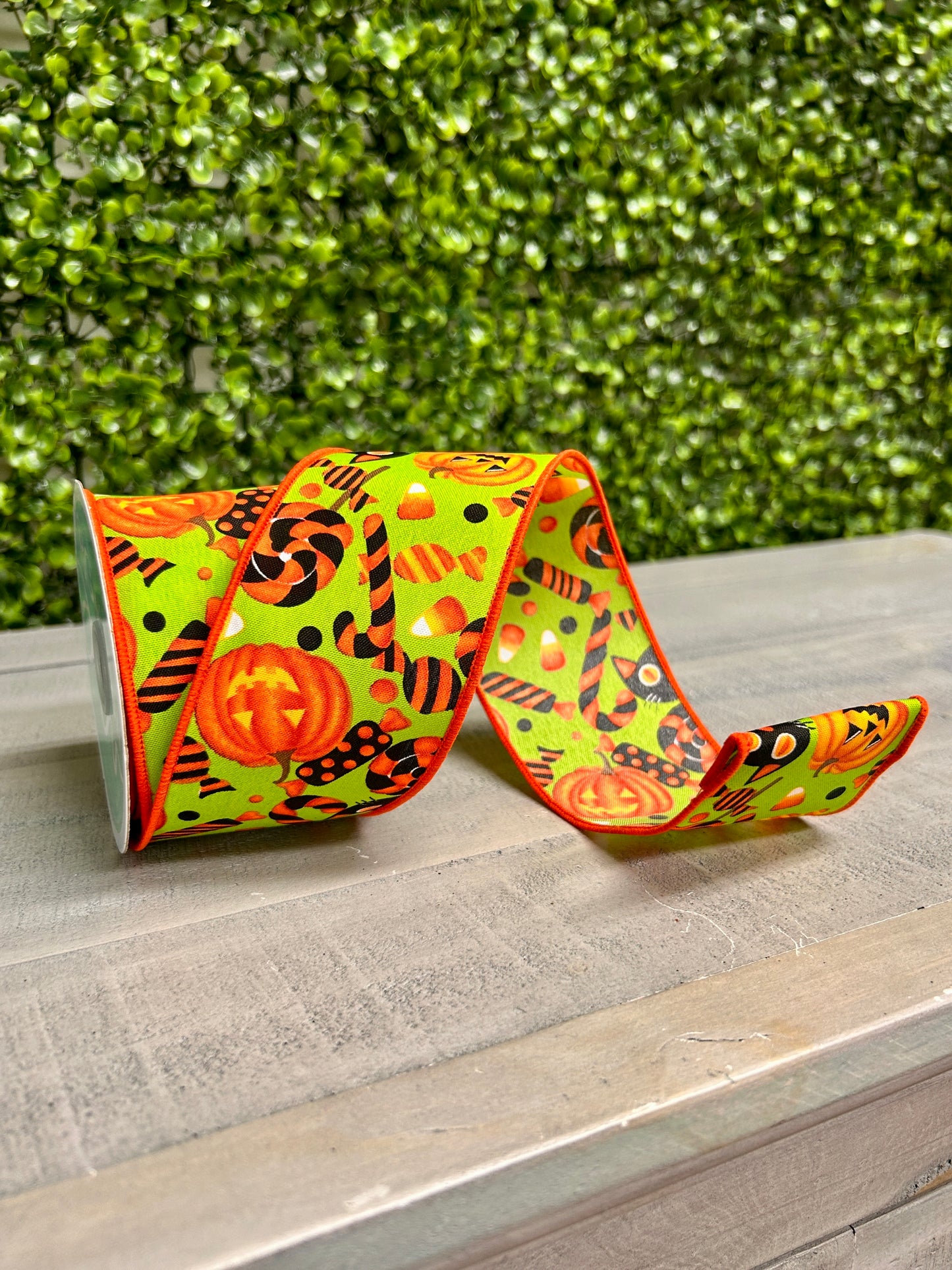 2.5 Inch By 10 Yard Halloween Pumpkin Cats And Candy On Lime Ribbon