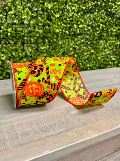 2.5 Inch By 10 Yard Halloween Pumpkin Cats And Candy On Lime Ribbon