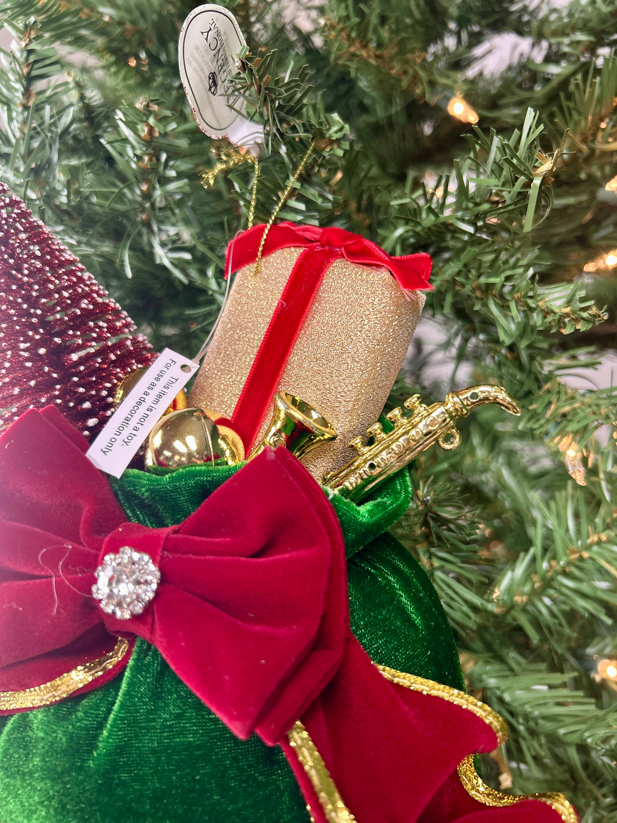 10 Inch Red Green Velvet Sack With Gift Tree Ornament
