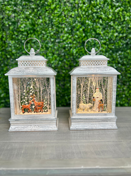 10.5 Inch Lighted Spinning Water Globe Lantern With Holiday Scene Two Styles