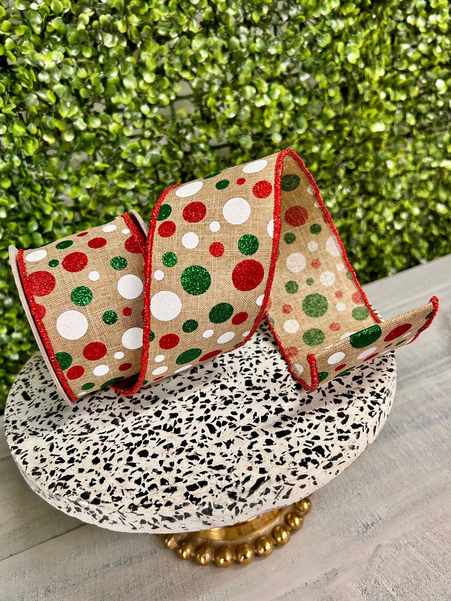 2.5 Inch By 10 Yard Beige White Emerald And Red Polka Dot Ribbon