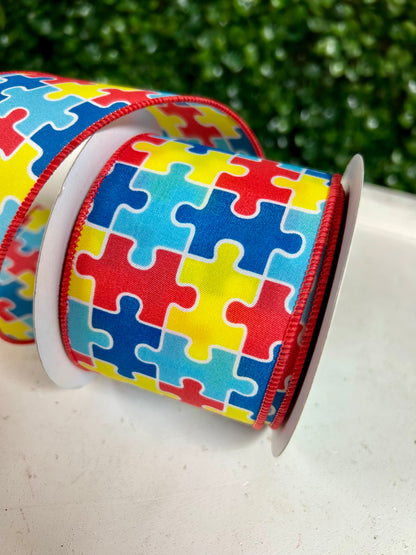 2.5 Inch By 10 Yard Multicolor Puzzle Piece Ribbon