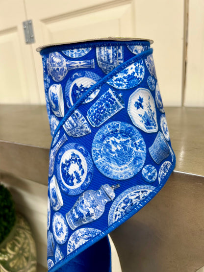 4 Inch By 10 Yard Chinoiserie Print Canvas And Dupioni Ribbon