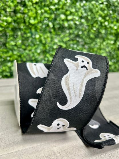 2.5 Inch By 10 Yard Black And White Ghosts Ribbon