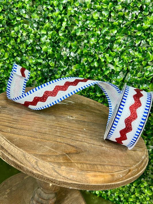1.5 Inch By 10 Yard Red White And Blue Royal Burlap Ric Rac And Stripe Ribbon