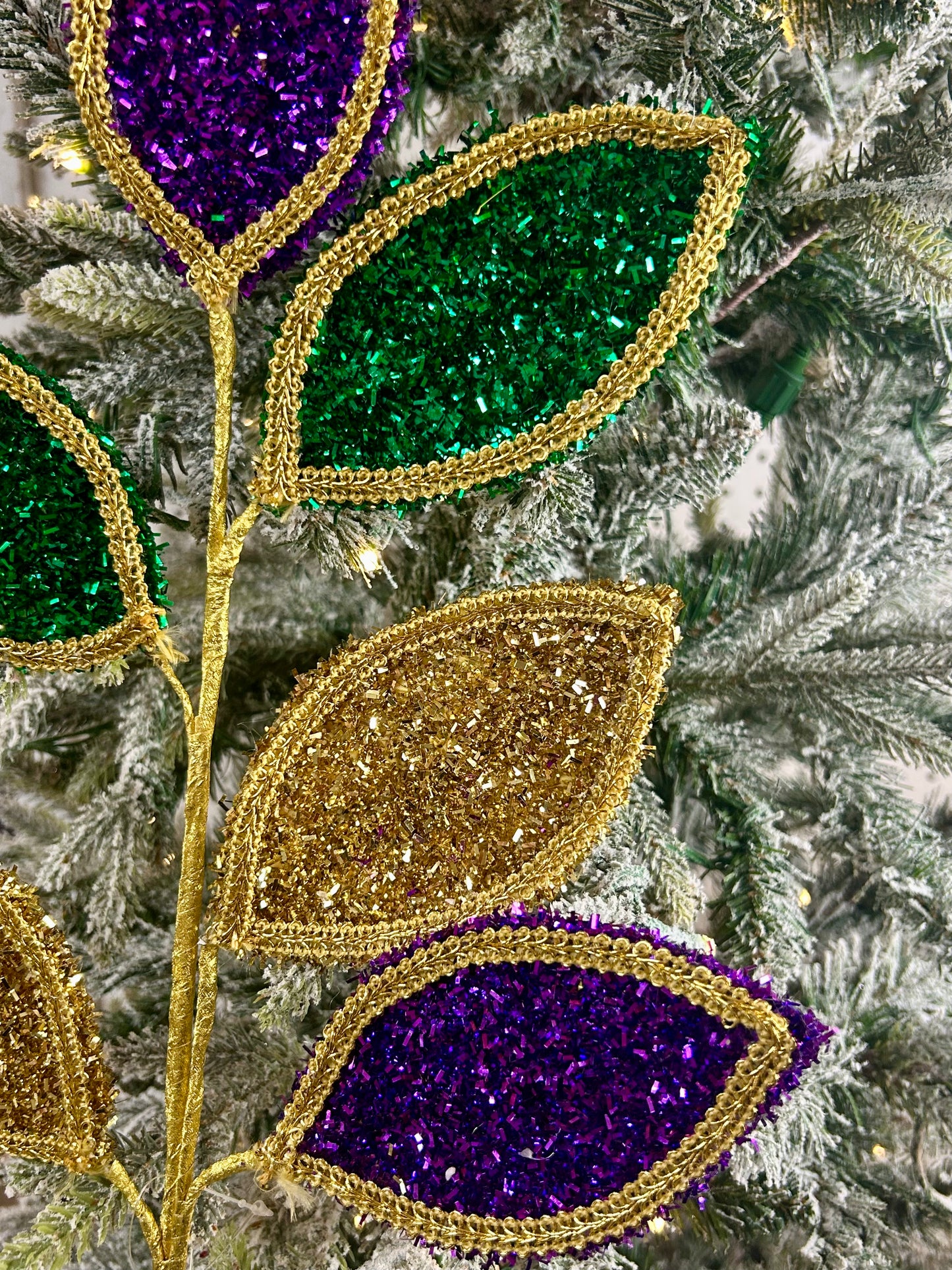 28 Inch Mardi Gras Glitter And Lace Leaf Spray