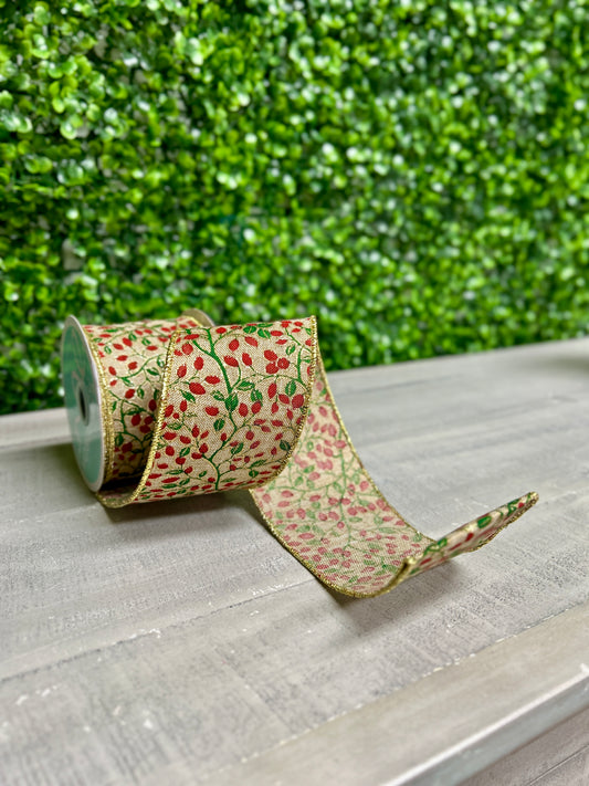 2.5 Inch By 10 Yard Beige Mini Berries And Vines On Royal Ribbon