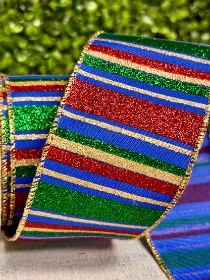 2.5 Inch By 10 Yard Royal Blue Red And Emerald Horizontal Stripe Ribbon