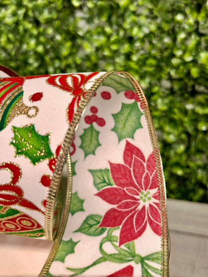 2.5 Inch By 10 Yard Poinsettia And Ornaments Ribbon