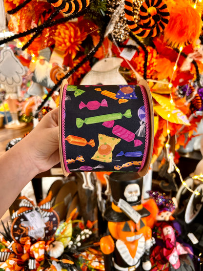 4 Inch By 10 Yard Halloween Candy Dupioni With Pink Backing Ribbon