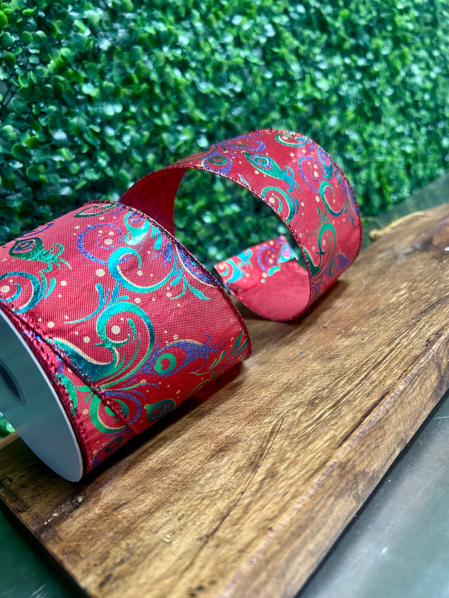 2.5 Inch By 10 Yard Peacock Swirls On Red Background Ribbon