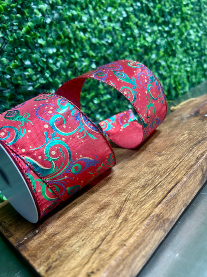 2.5 Inch By 10 Yard Peacock Swirls On Red Background Ribbon
