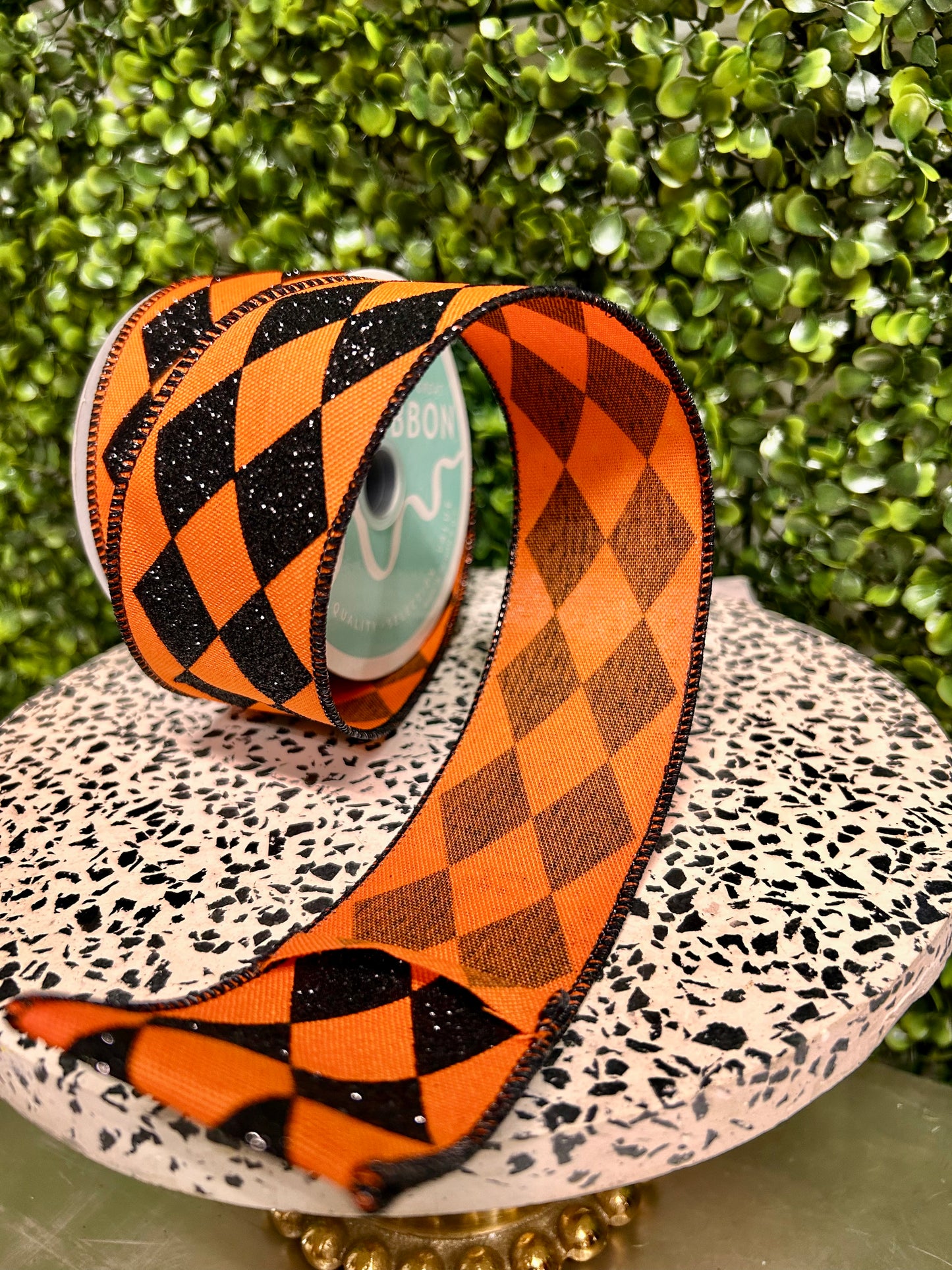 2 Inch By 10 Yard Orange And Black Glitter Harlequin Check Ribbon