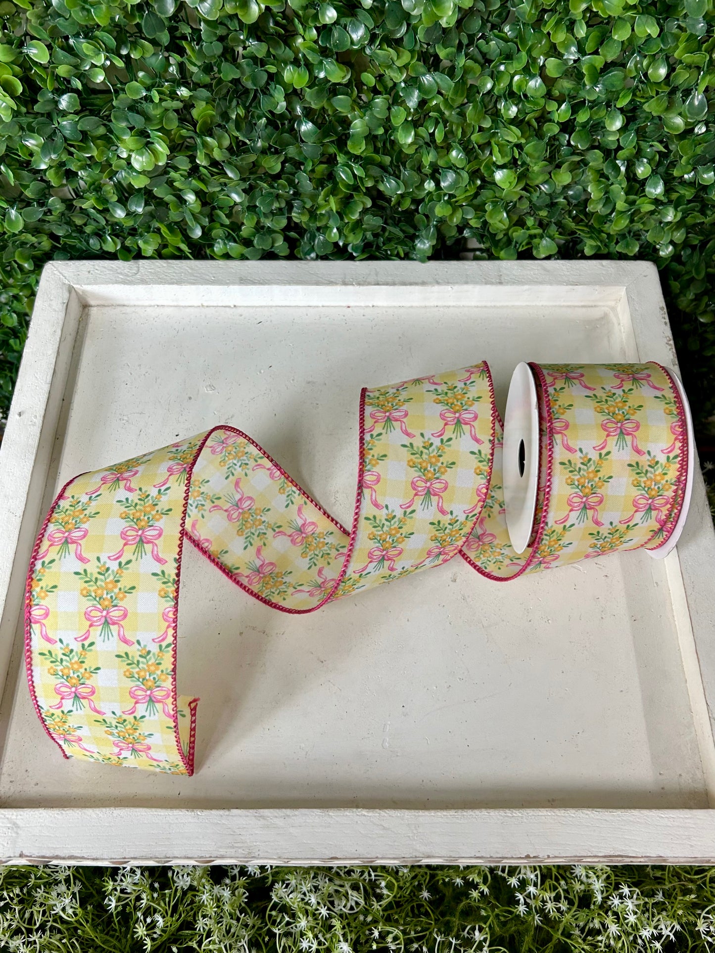 2.5 Inch By 10 Yard Orange Bouquet Pink Bow On Yellow And White Check Ribbon