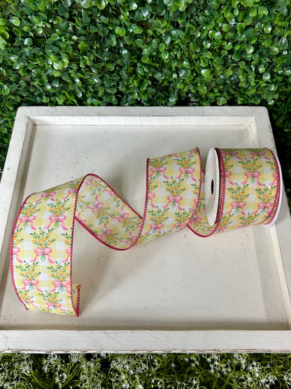 2.5 Inch By 10 Yard Orange Bouquet Pink Bow On Yellow And White Check Ribbon