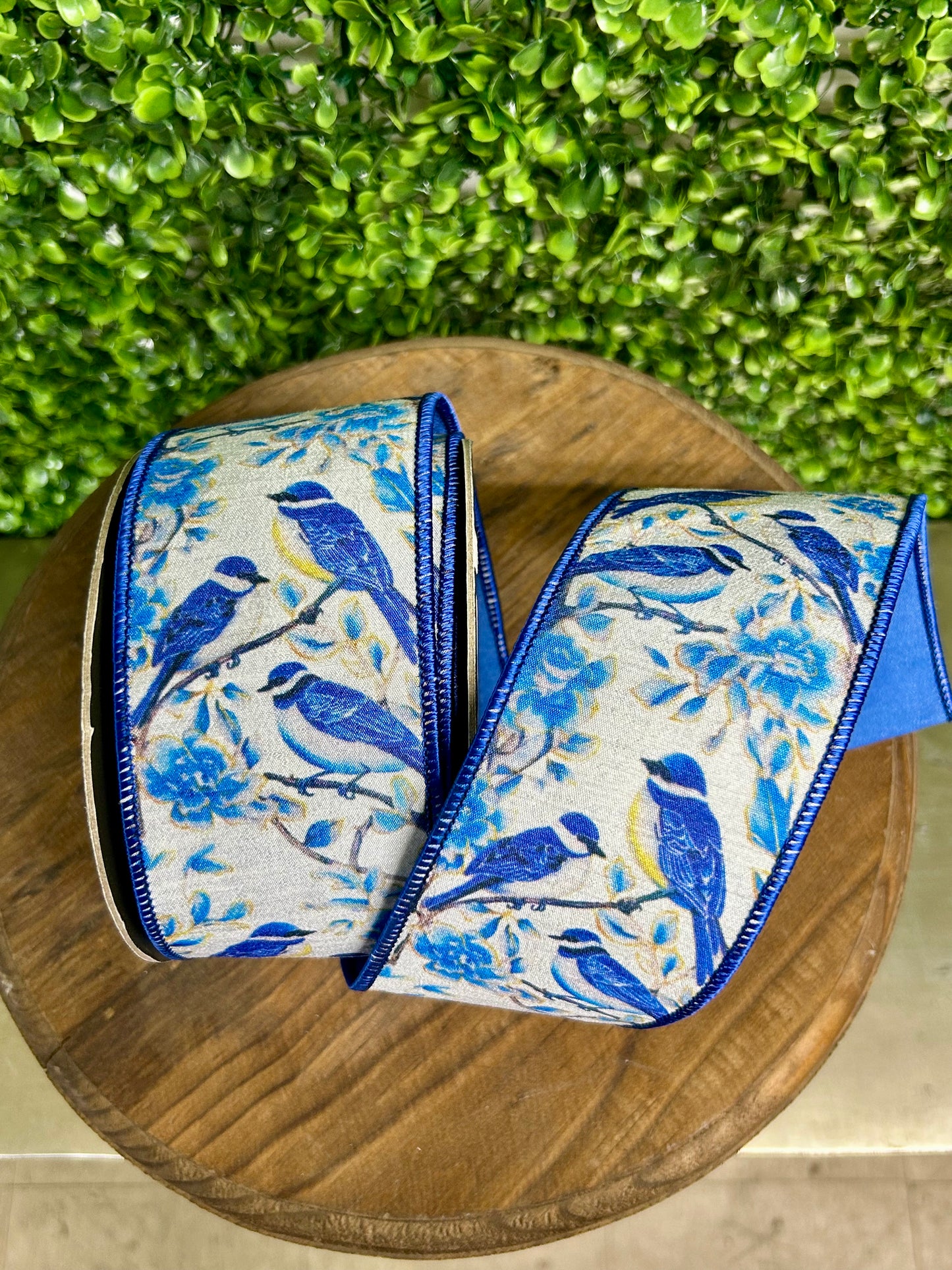 2.5 Inch By 10 Yard Blue Bird Perched Deluxe Dupioni Backed Wired Edge Ribbon