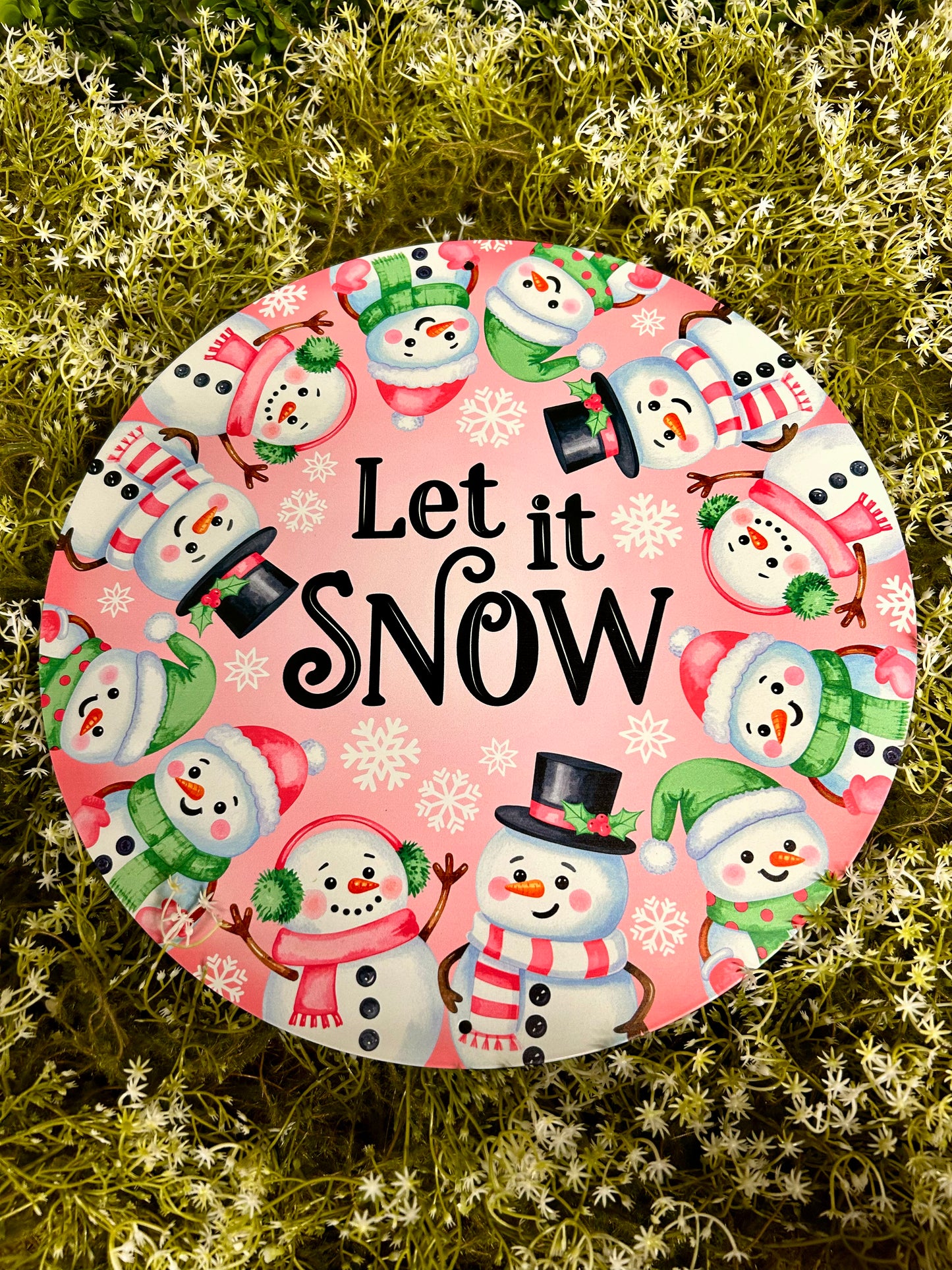 12 Inch Pink White And Mint Let It Snow With Snowmen Metal Sign