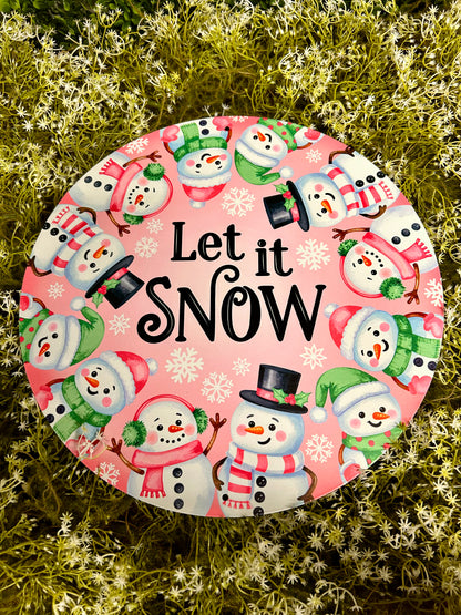 12 Inch Pink White And Mint Let It Snow With Snowmen Metal Sign