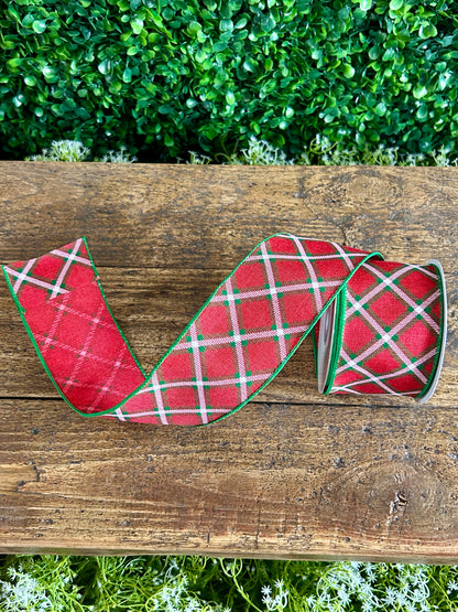 2.5 Inch By 10 Yard Red And Green Lattice Pattern Check Linen Ribbon