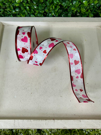 1.5 Inch By 10 Yard White Dark Pink And Red Glitter Hearts Ribbon